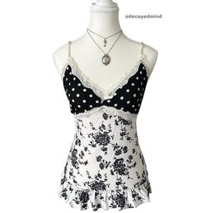 Coquette “Lily Stanhope” Black & White Polka Dot Ruffle Lace Trim Babydoll Tank